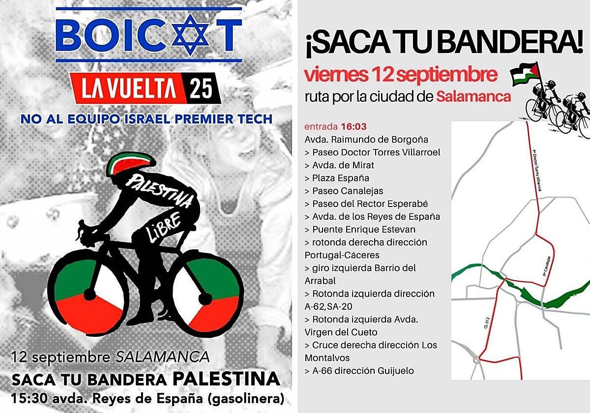 Llamadas a sacar la bandera de Palestina en estos puntos de Salamanca y Guijuelo durante la Vuelta