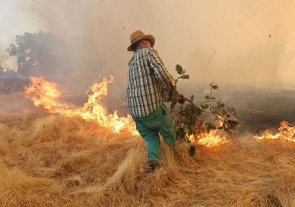 Un vecino intenta apagar el fuego del incendio de Cipérez.