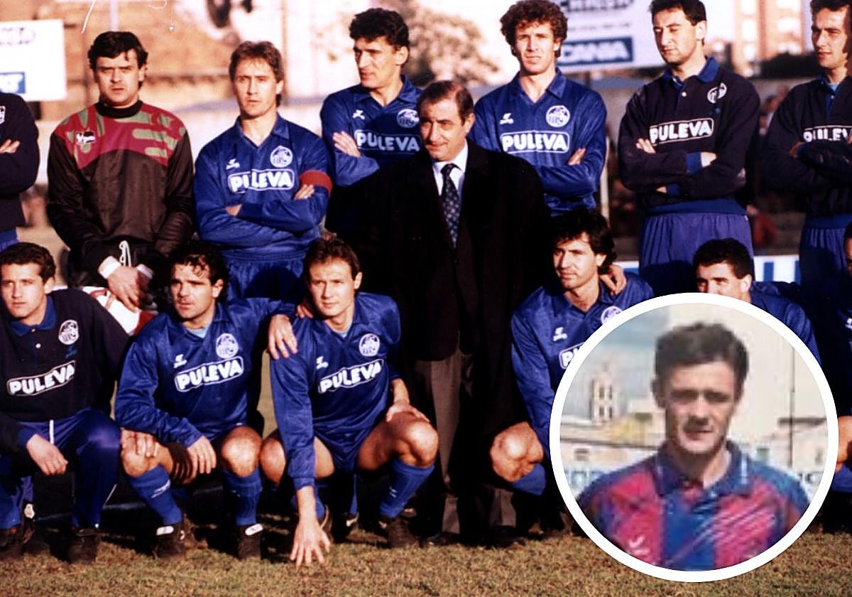 Plantilla de la temporada 91-92 de la UD Salamanca con Pepe Hidalgo, la primera temporada de Peña en el club, y a la derecha, Peña en el Extremadura.