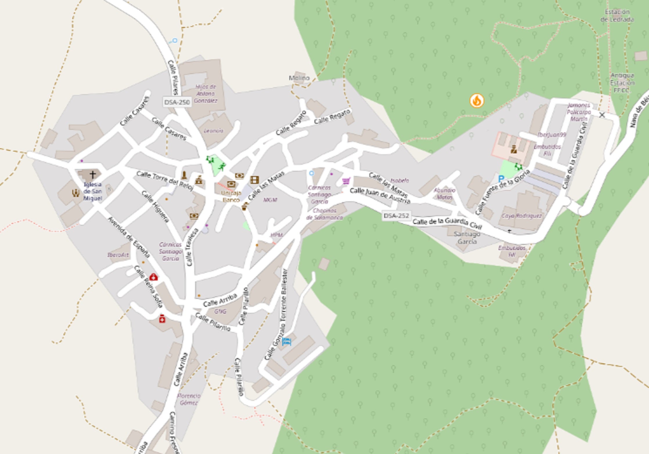 Ubicación del incendio en Ledrada muy próximo al cuartel de la Guardia Civil.