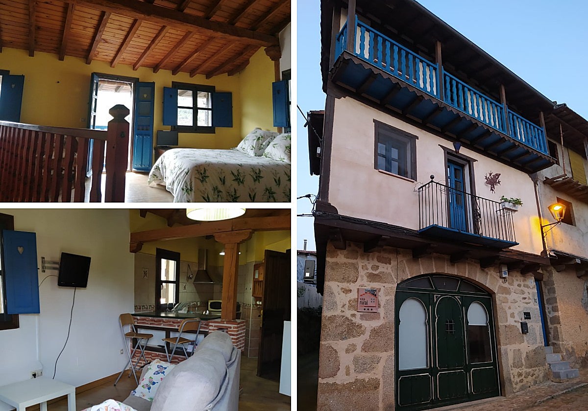 Fachada de la vivienda, interior y una habitación.