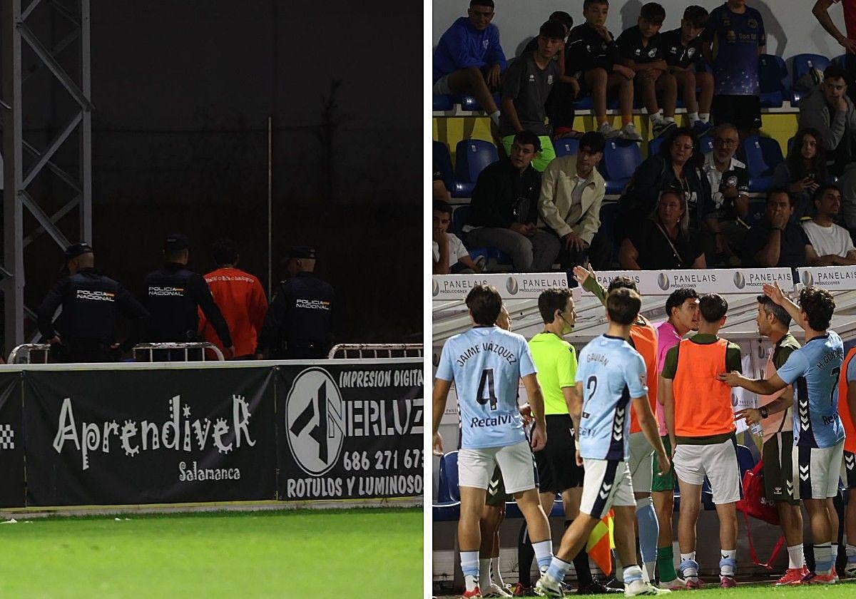 El aficionado expulsado y el lugar del altercado.