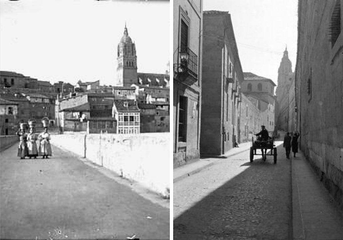 A la izquierda, unas aguadoras en el Puente Romano de Salamanca, año 1918 (Otto Wunderlich); a la derecha, un carretero en la calle Compañía, año 1956