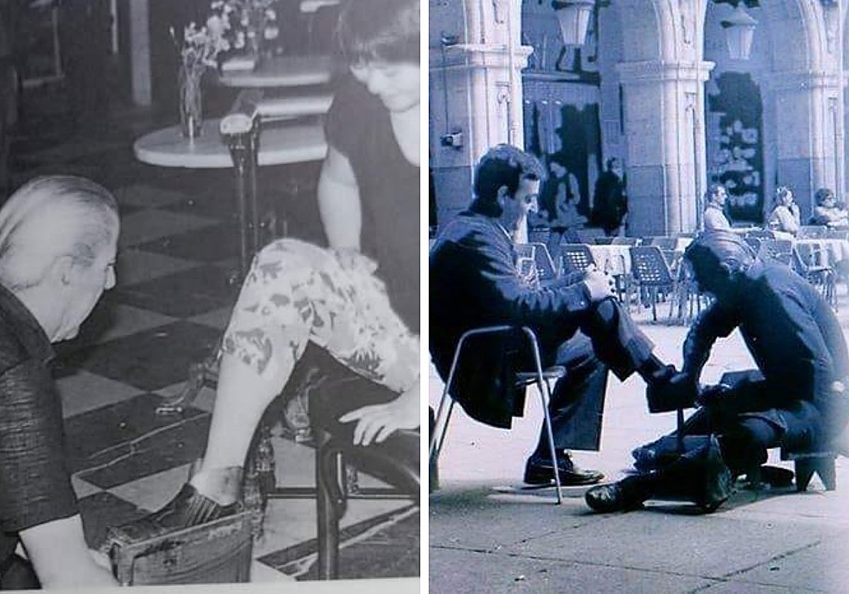 A la izquierda, limpiabotas en la cafetería Novelty, años 90; a la derecha, limpiabotas en la Plaza Mayor de Salamanca