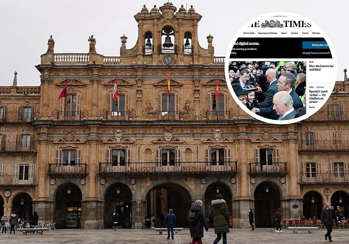 Plaza Mayor de Salamanca y, a la derecha, edición digital de The Times.