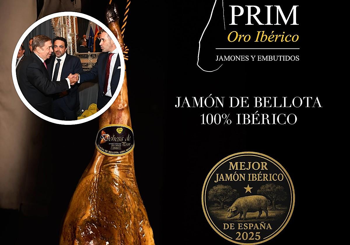 El premio nacional otorgado a Jamón Prim y, a la izquierda, el Ministro Planas felicitando a los premiados.