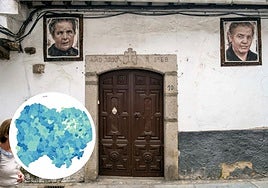 Retratos de Florencio Maíllo en el pueblo salmantino de Mogarraz y, a la izquierda, el mapa de Salamanca con los datos de viviendas unipersonales de toda la provincia.