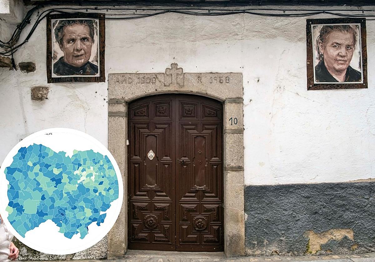 Retratos de Florencio Maíllo en el pueblo salmantino de Mogarraz y, a la izquierda, el mapa de Salamanca con los datos de viviendas unipersonales de toda la provincia.