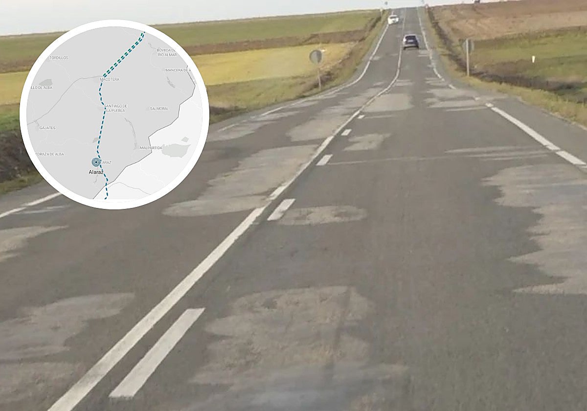 Un tramo de la carretera SA-105 y el trazado completo en un mapa.