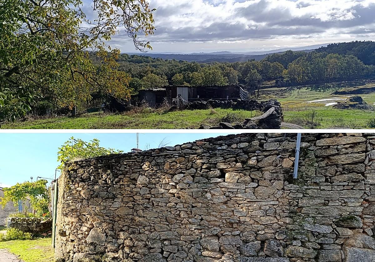 Muros de piedra de la antigua construcción y vistas desde el huerto anexo.