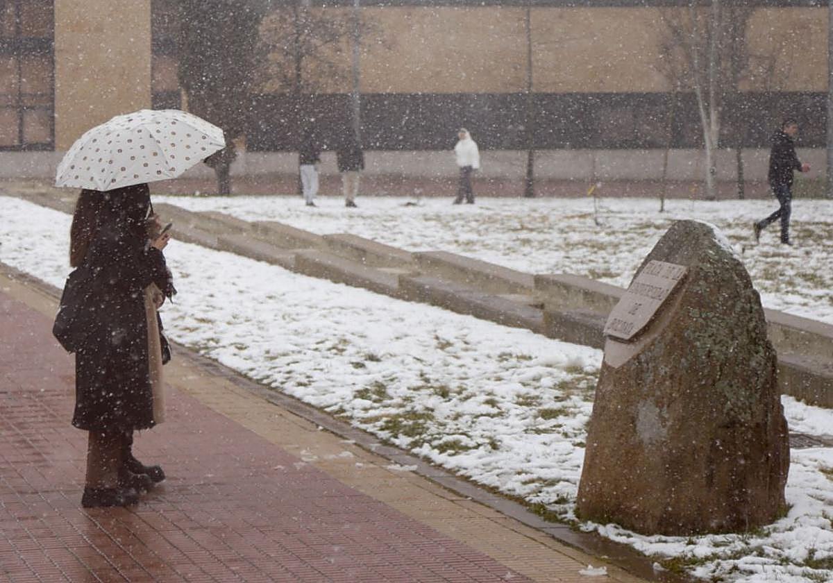 Una estudiante en el campus de la Universidad de Salamanca en un día de mucha nieve.