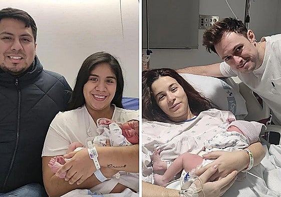 A la izquierda, el último bebé de 2024 y a la derecha, el primero de 2025, con sus respectivos padres.