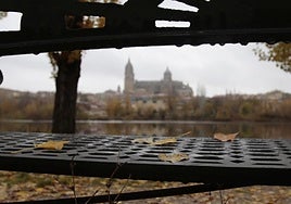 Vistas de las catedrales de Salamanca desde un banco del río Tormes en un día de frío.