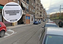La calle Espronceda y el cartel para oponerse a que sea de pago.