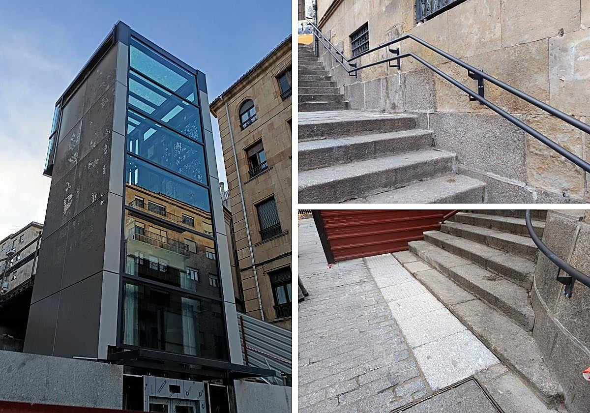 Al nuevo ascensor urbano de Salamanca se le 'caen' los andamios y sus escaleras ya son accesibles