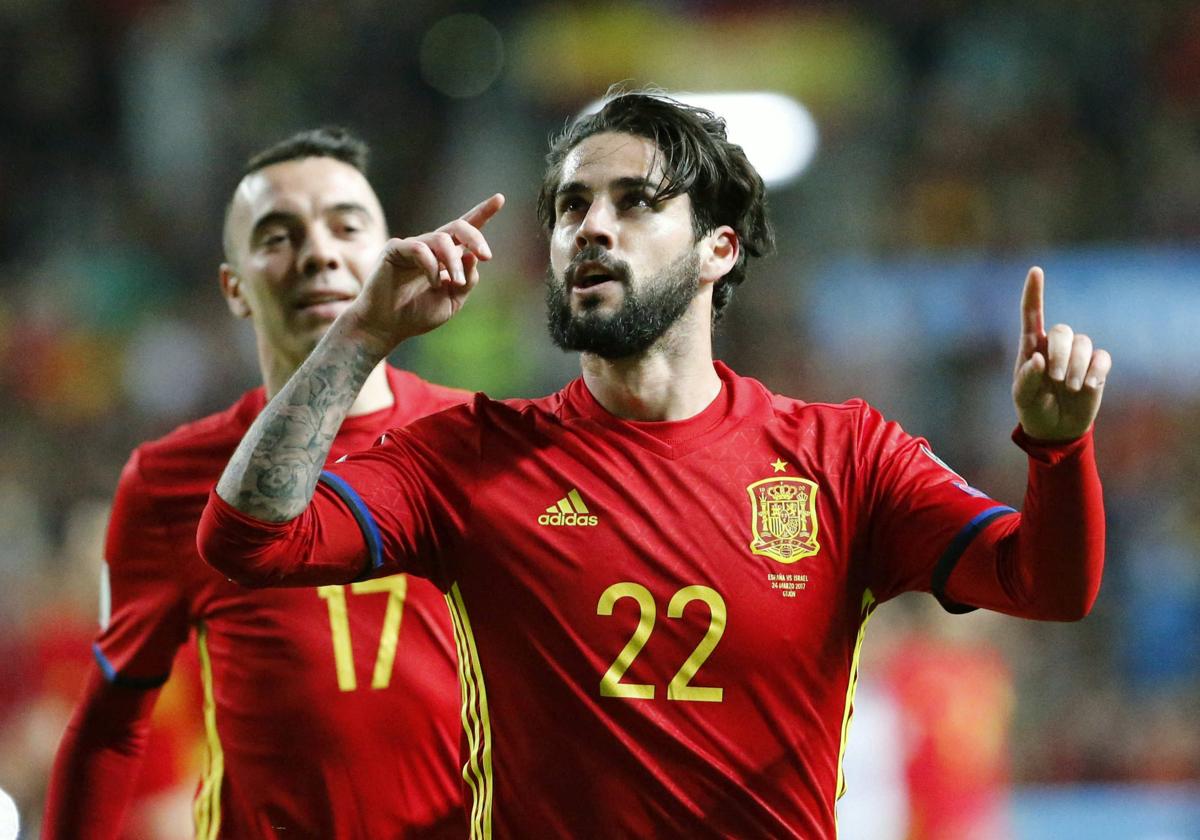 Isco jubelt über ein Tor für Spanien im Jahr 2018.