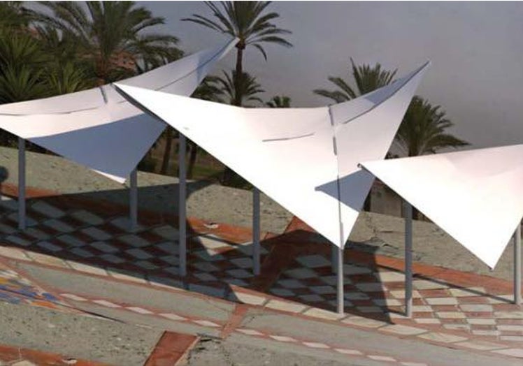 Visuelle Montage der zukünftigen Segel an der Strandpromenade von Benalmádena.