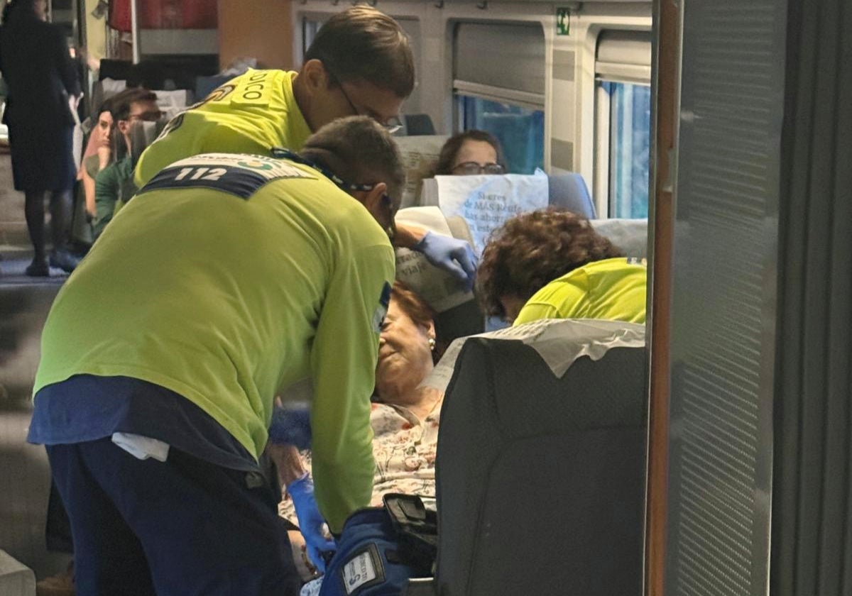 Die Rettungskräfte kümmern sich um eine weibliche Passagierin in dem stehenden Zug.