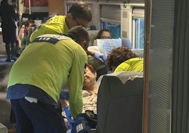 Die Rettungskräfte kümmern sich um eine weibliche Passagierin in dem stehenden Zug.