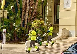 Die Arbeiter, die die Schädlingsbekämpfung im Rathaus von Málaga durchführen.