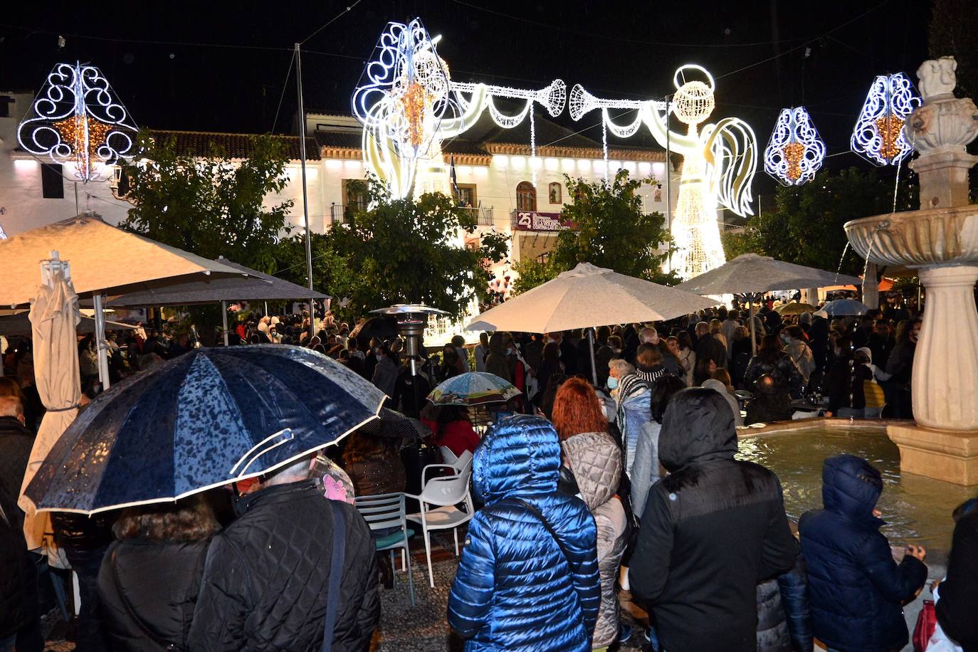 Crowds gathered at Marbella's Christmas lights despite the threat of rain.