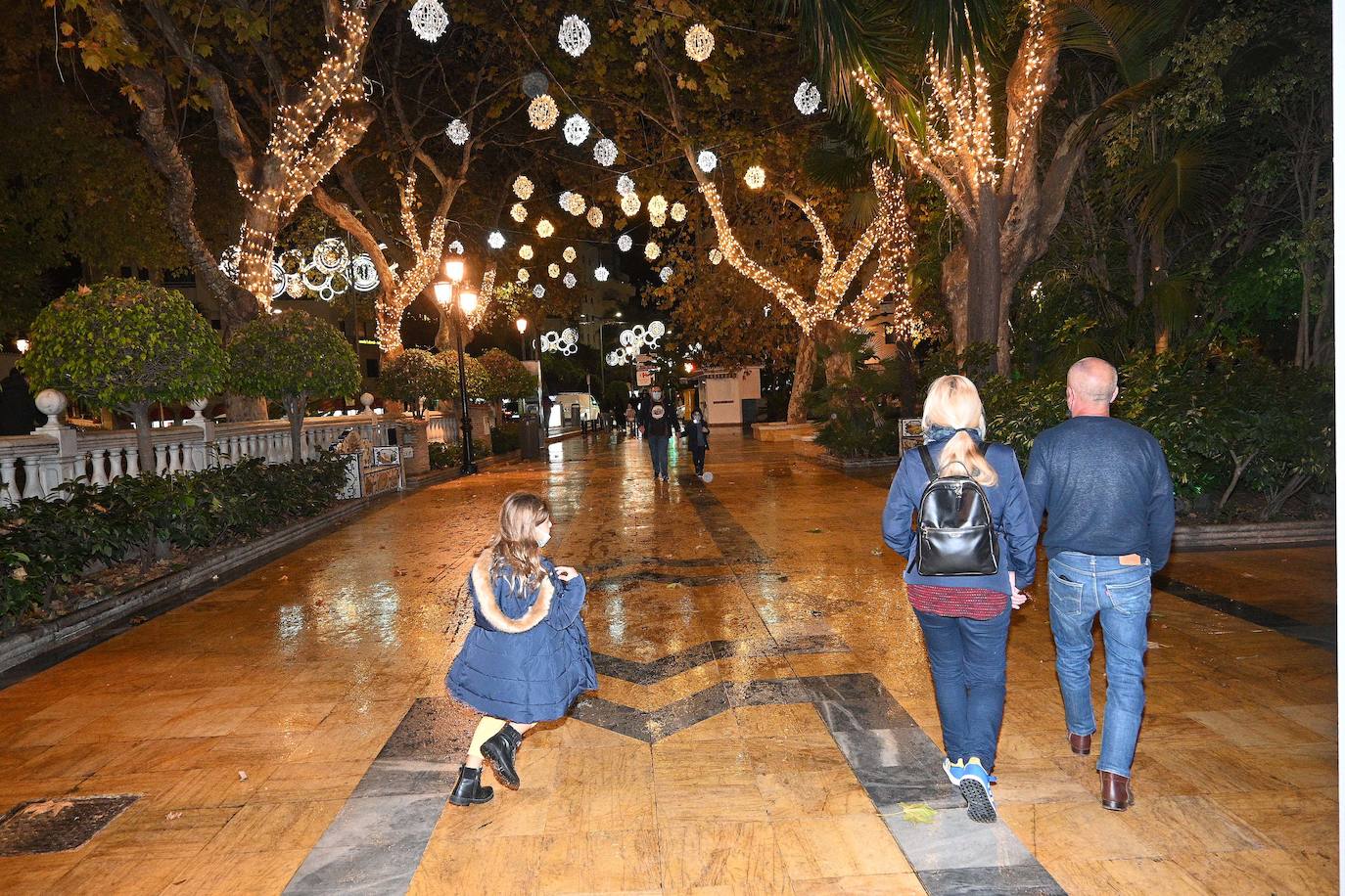 Crowds gathered at Marbella's Christmas lights despite the threat of rain.