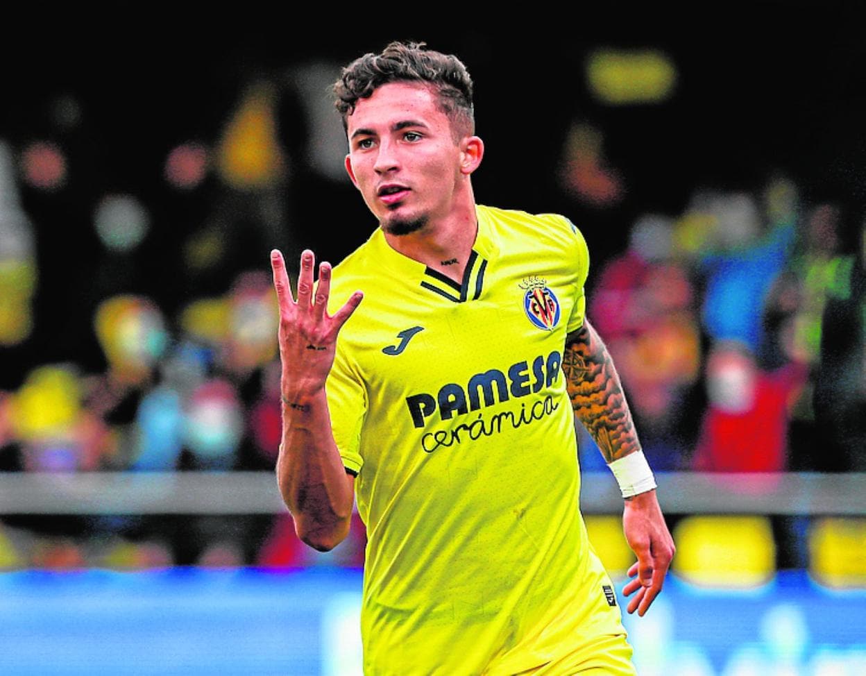 Yeremy Pino celebrates scoring his fourth goal against Espanyol. 