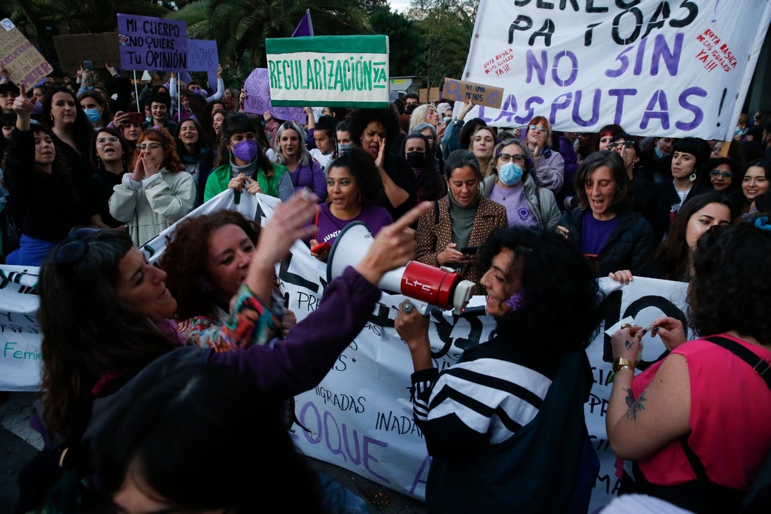 Protestors take to the streets of Malaga on Tuesday, 8 March 2022.