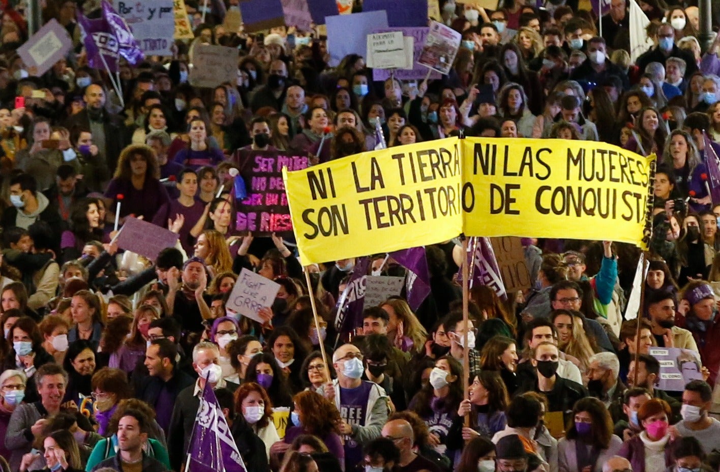 Protestors take to the streets of Malaga on Tuesday, 8 March 2022.
