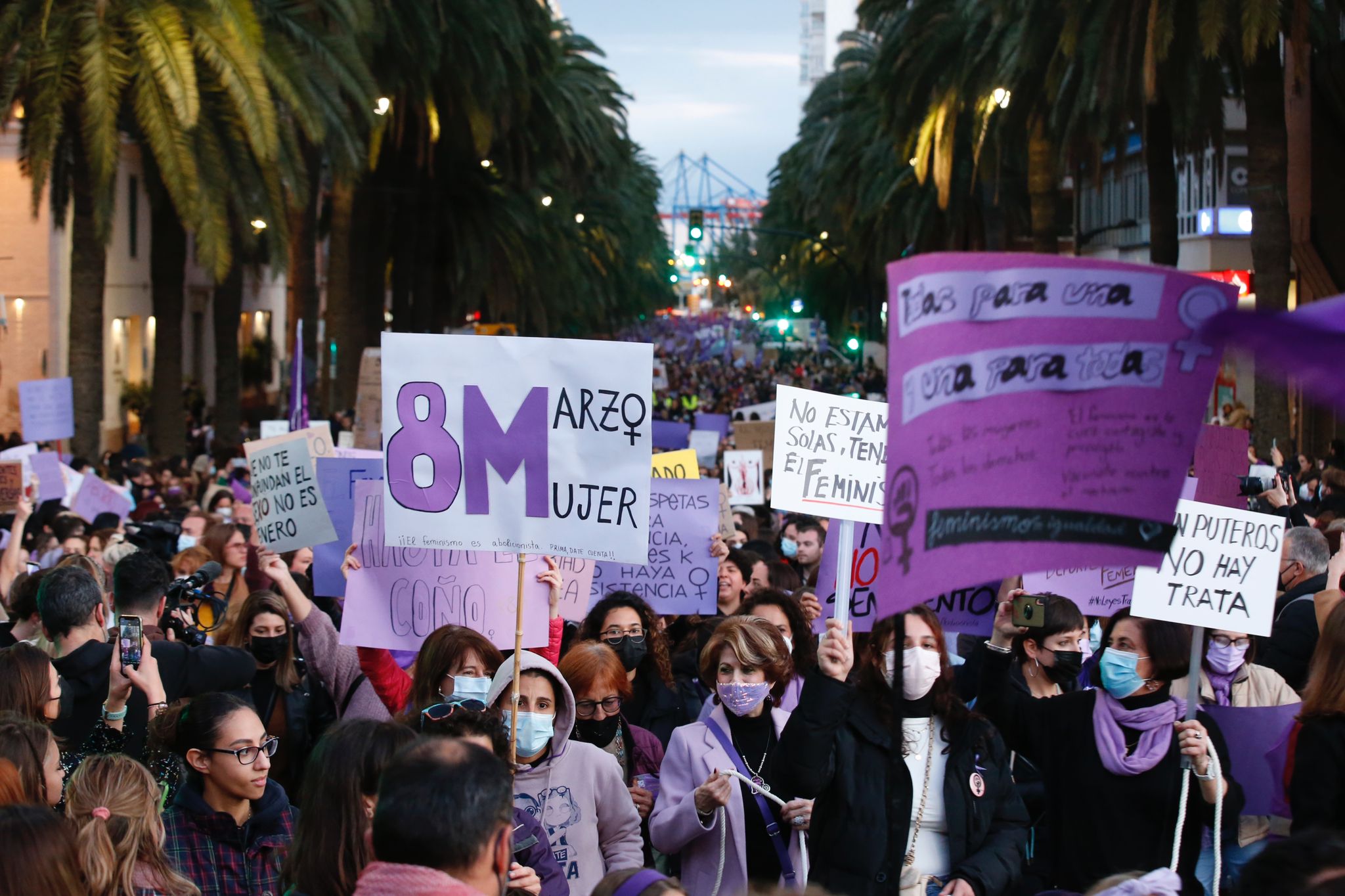 Protestors take to the streets of Malaga on Tuesday, 8 March 2022.