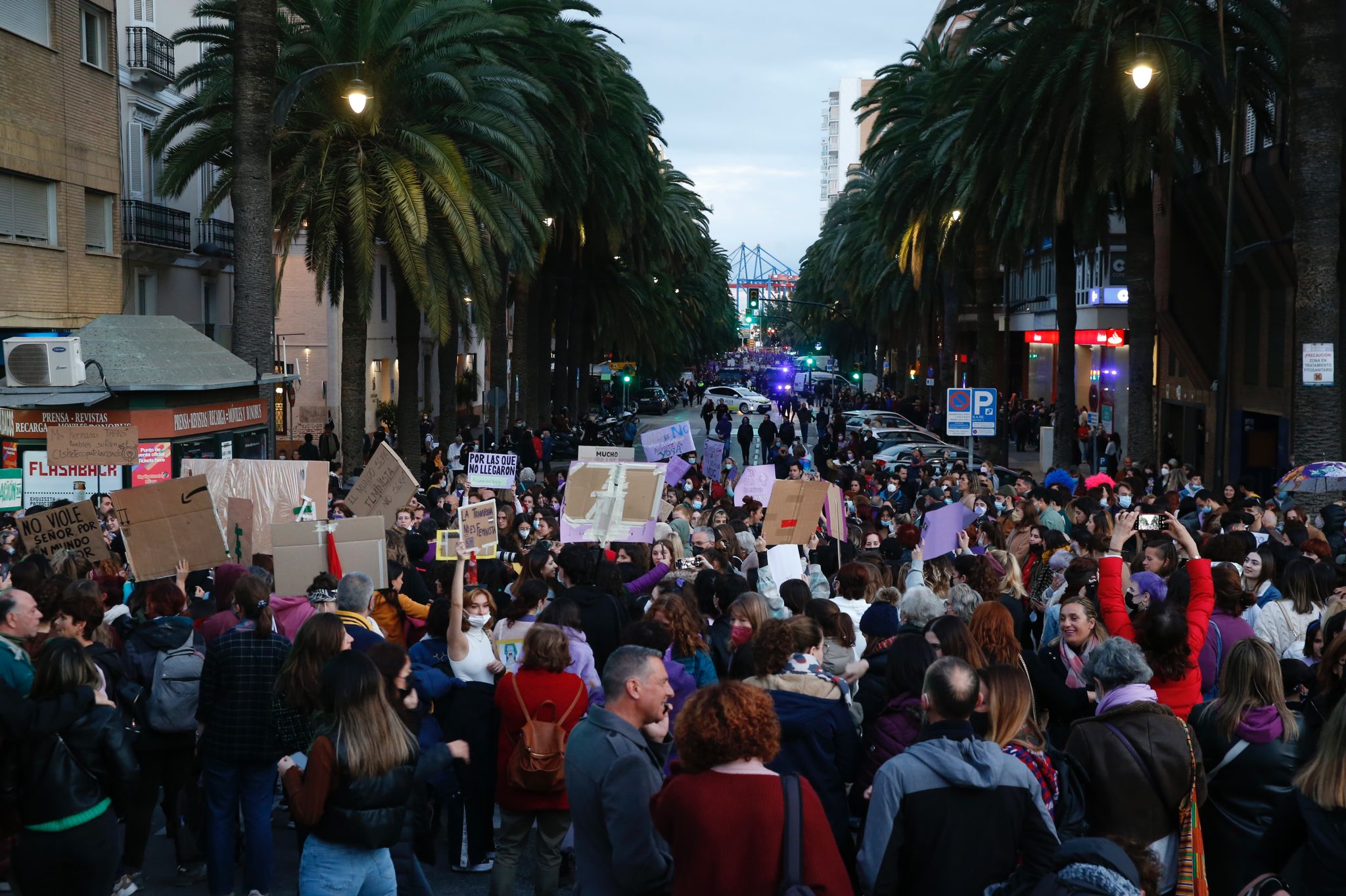 Protestors take to the streets of Malaga on Tuesday, 8 March 2022.
