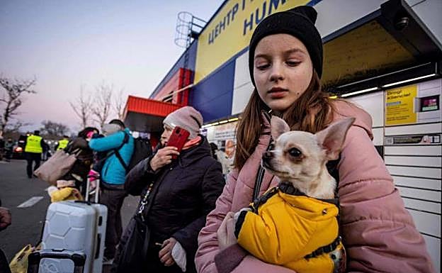 A girl and her pet dog flee the Russian invasion of Ukraine