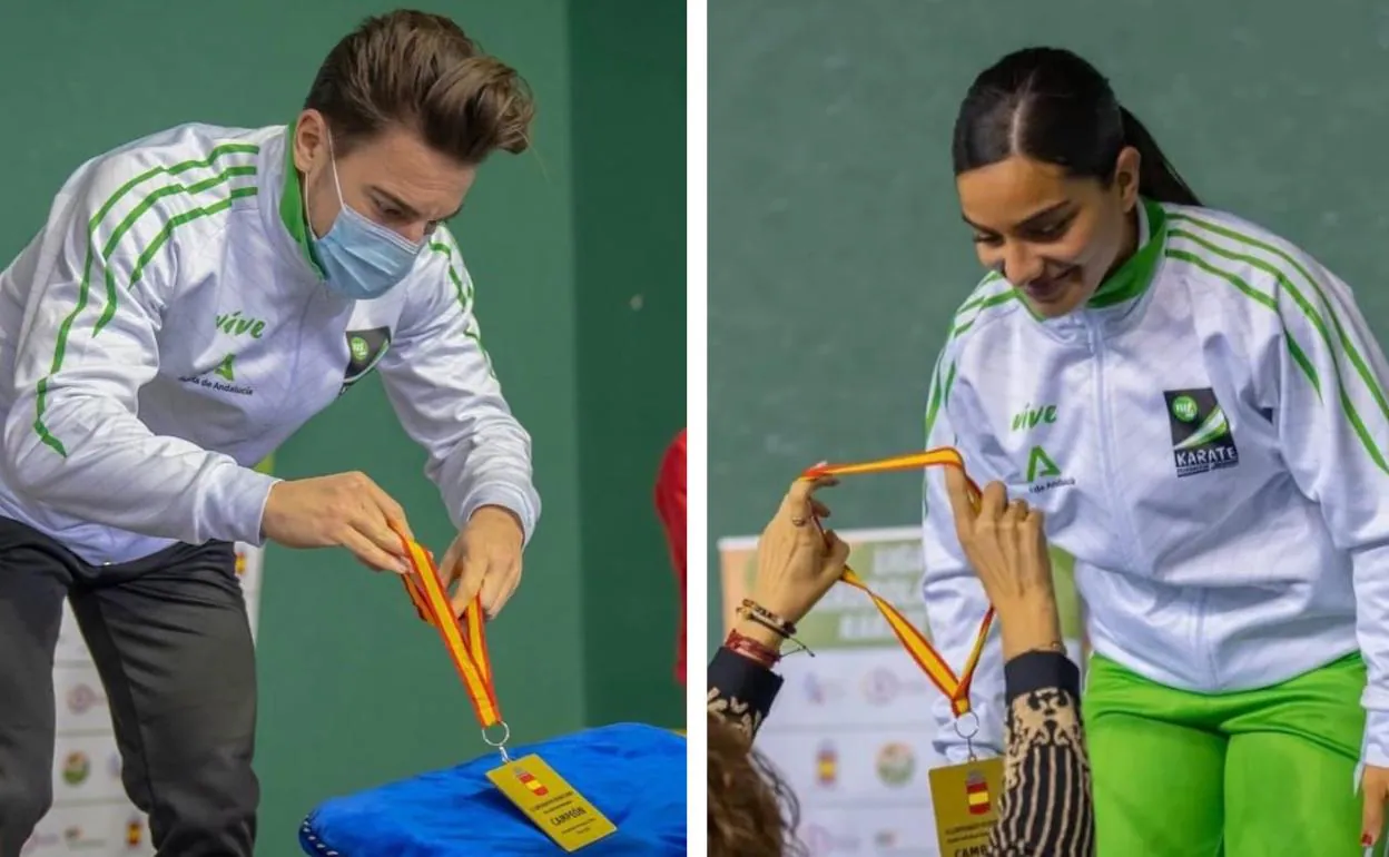 Damián Quintero and María Torres receive their medals on the podium. 