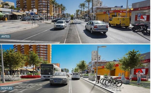 Before and after images of the busy road through Benalmádena Costa 