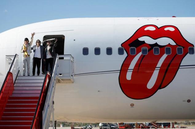 Mick Jagger, Keith Richards and Ronnie Wood, after landing in Madrid on Thursday.