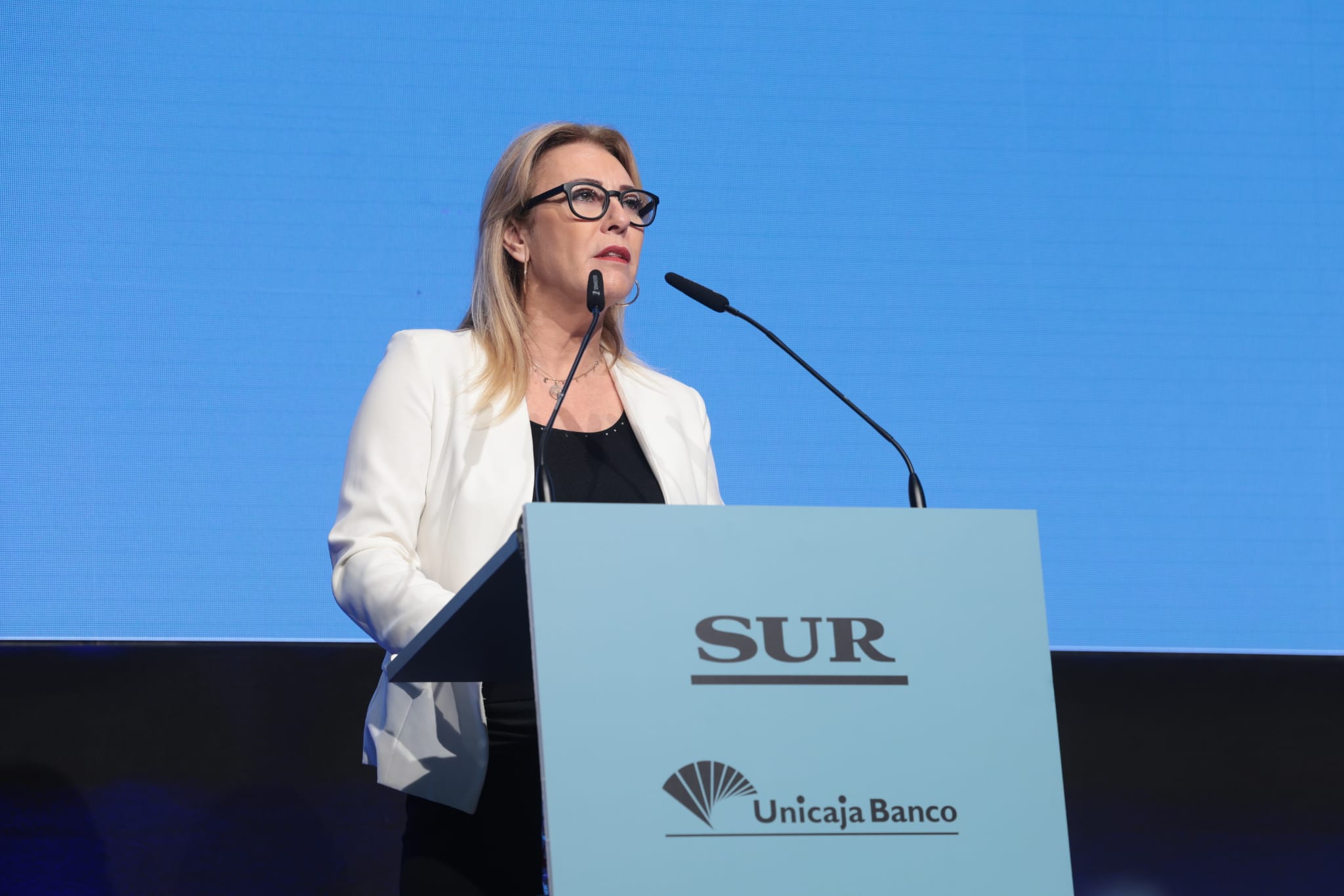 Carolina España speaking at this Monday morning's meeting - organised by SUR and Unicaja Banco