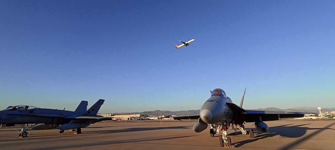 F-18 fighters fly over the surroundings of the airport and the Bay of Malaga 