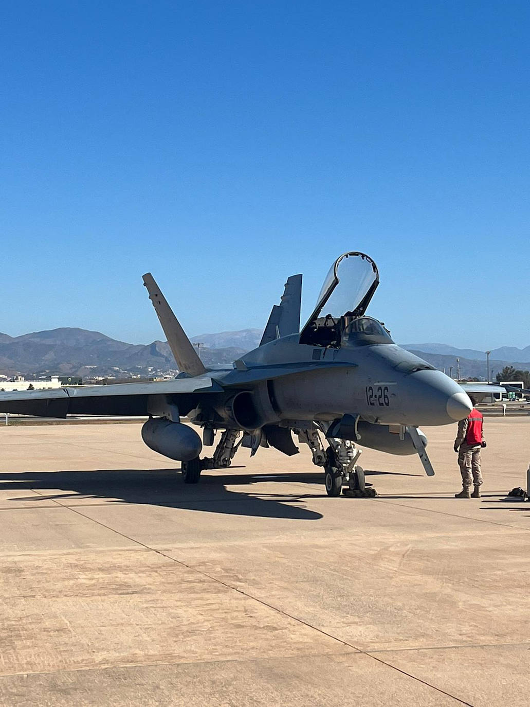 F-18 fighters fly over the surroundings of the airport and the Bay of Malaga 