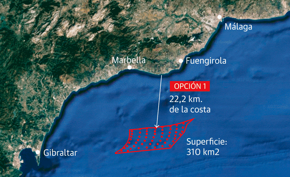 The two proposed options for the wind farm project off the coast of the Costa del Sol.