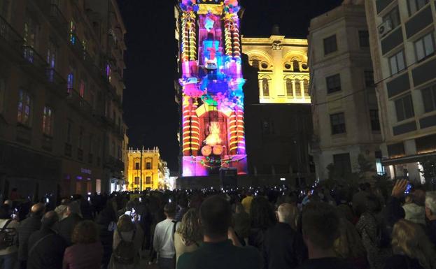 Christmas projected on the cathedral tower
