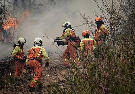 Firefighters from Asturias work on the fire in the council areas of Valdés and Tineo.