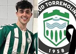Diego Fumero in his Juventud de Torremolinos shirt next to the club's shield with a black ribbon as a symbol of mourning.