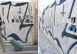 A before and after picture of Dos Aceras street, where most of the key safes that were anchored to a wall have been removed