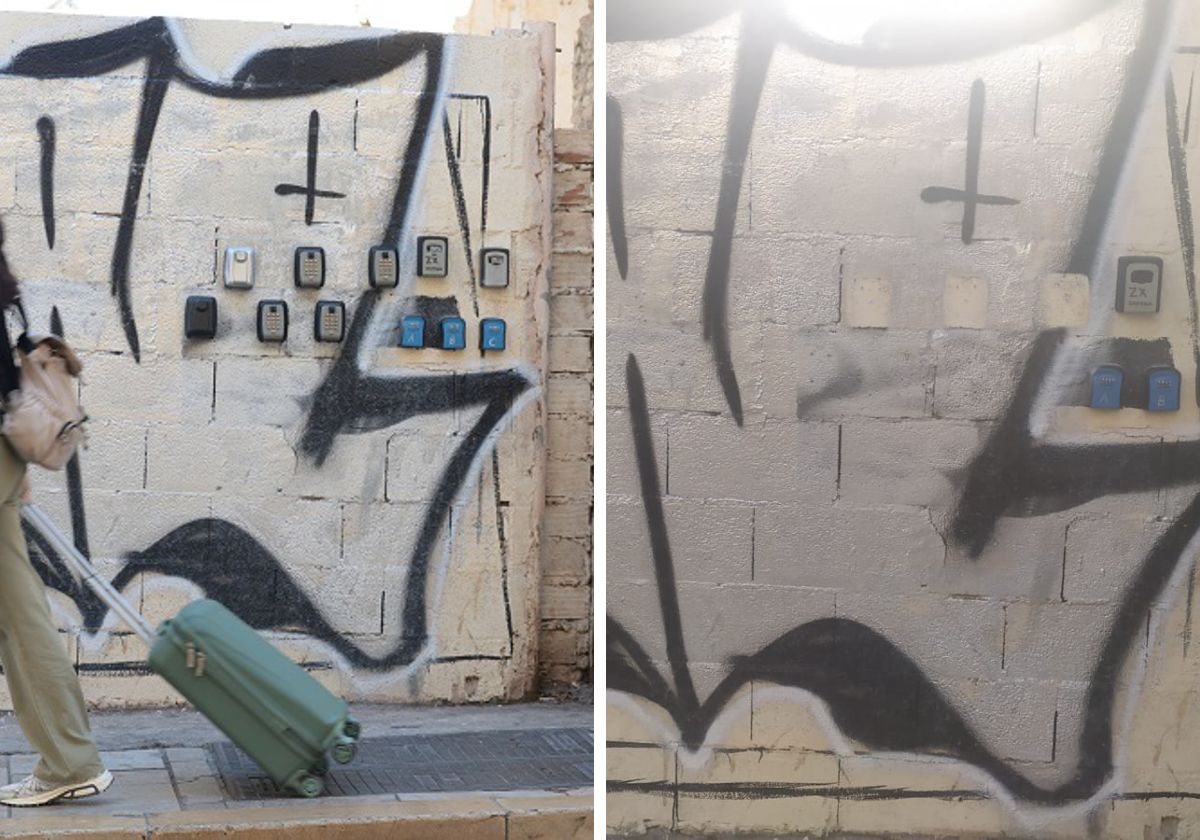 A before and after picture of Dos Aceras street, where most of the key safes that were anchored to a wall have been removed