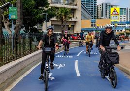 Cyclists enjoying the new two-way bike lane in Gibraltar.