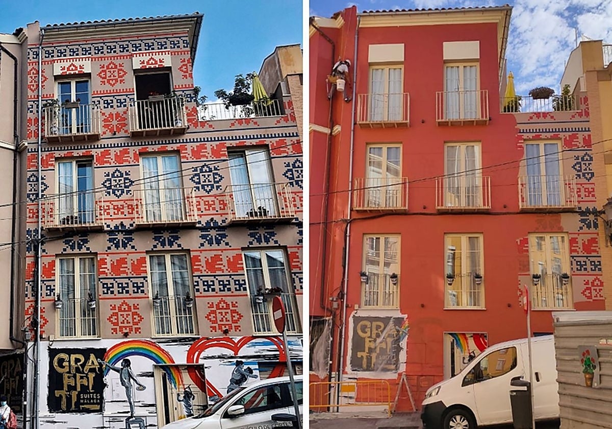 On the left, the building with the decoration. On the right, in the process of being painted over.