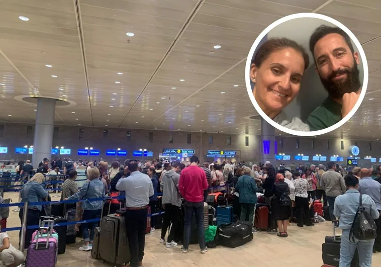 Cristina and Francisco Javier (inset) and the queues at Tel Aviv airport.