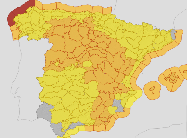 Thursday's weather warning across the Spanish mainland.
