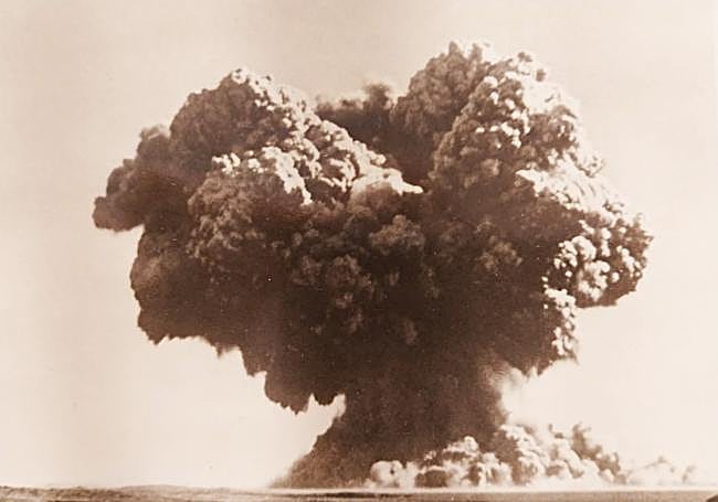 The mushroom cloud from an atomic bomb explosion in the Montebello Islands in 1952.
