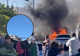 Photo of the blaze and, inset, the part of the vehicle that flew through the air after the explosion.